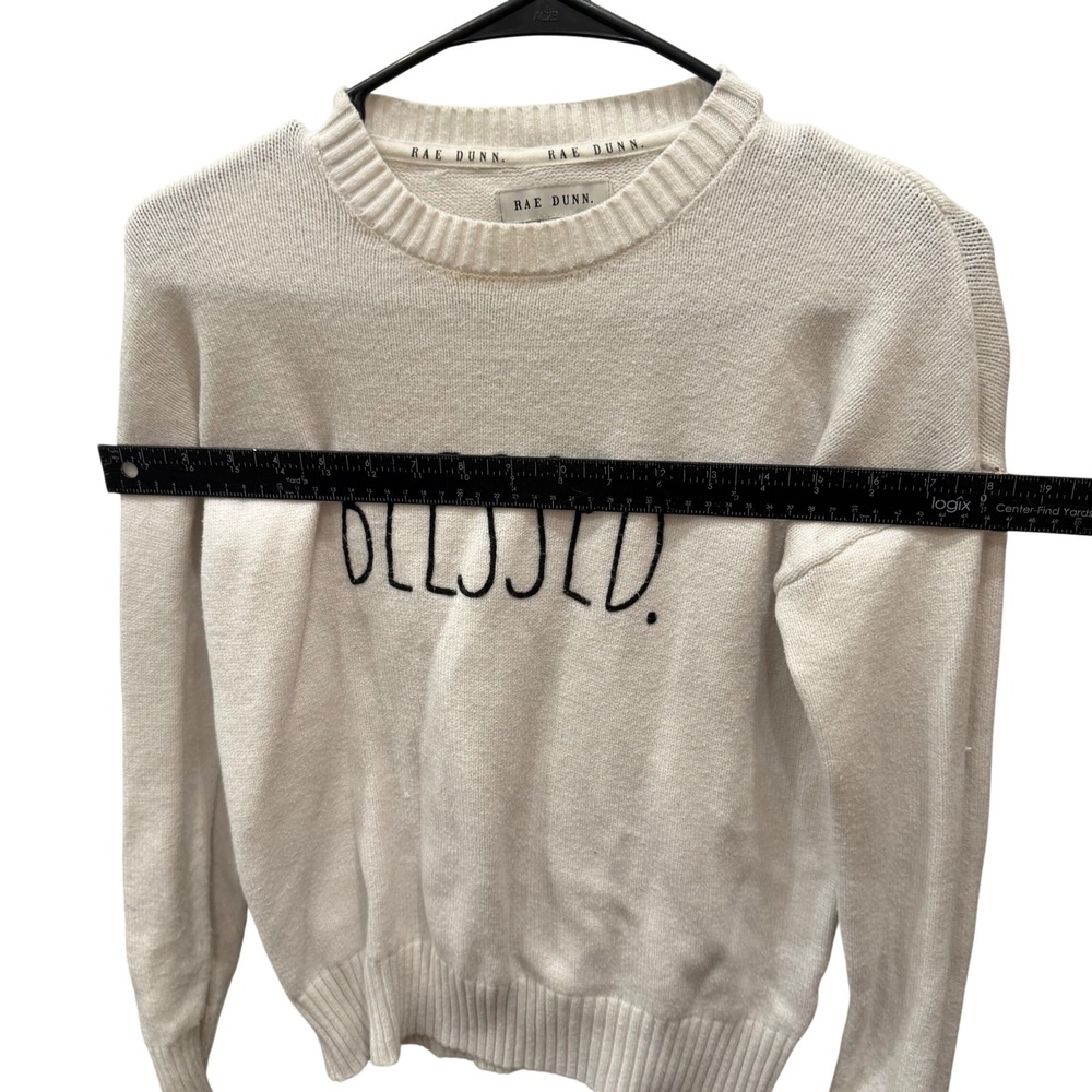 Rae Dunn Blessed Sweater Cream Knit Long Sleeve Crew Neck Pullover Small - Picture 4 of 7